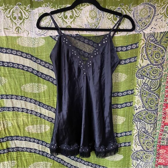 Vintage Y2K Black Silk Bedazzled Fringe Slip Dress Size Extra Small - Picture 2 of 15